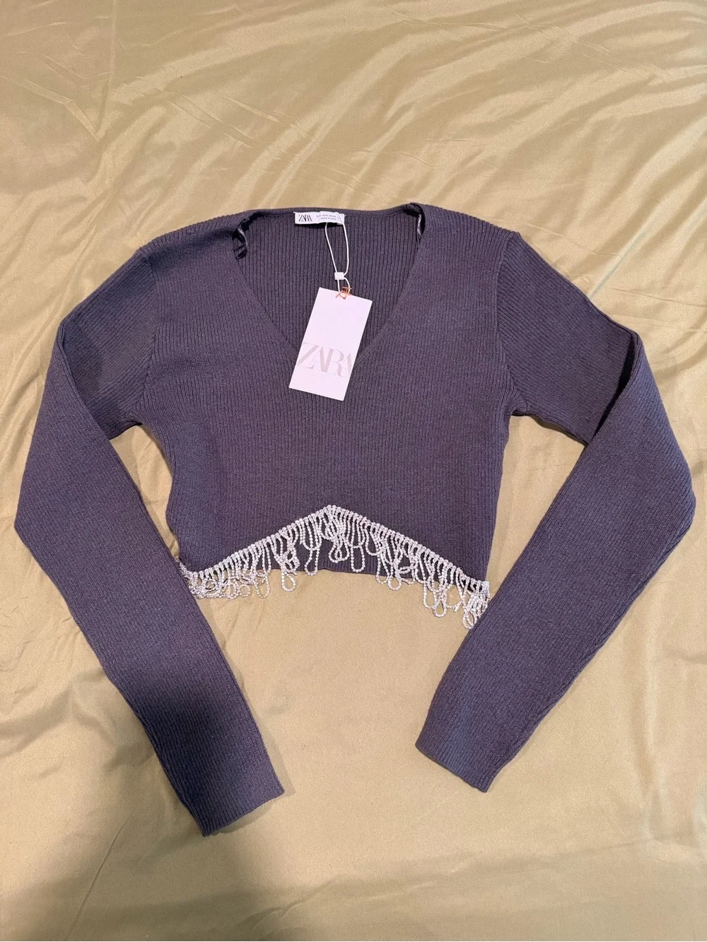 Zara Grey V-Neck Cropped Fringe Knit Top